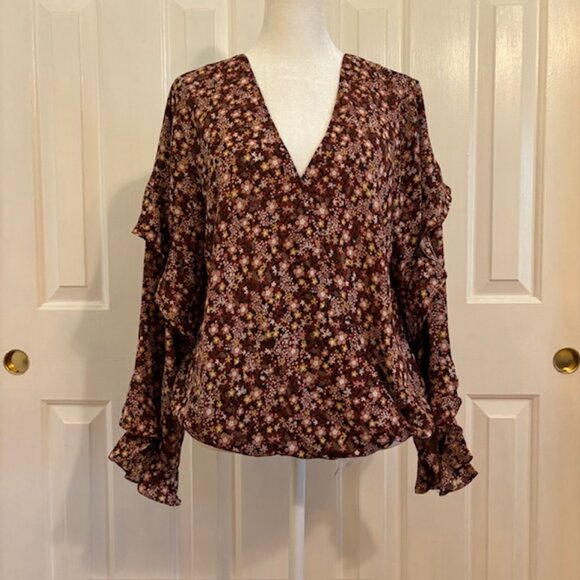 Max Studio Brown Floral Faux Wrap Top, Elastic Waist, Long Ruffled Sleeves Sz M - Picture 1 of 11